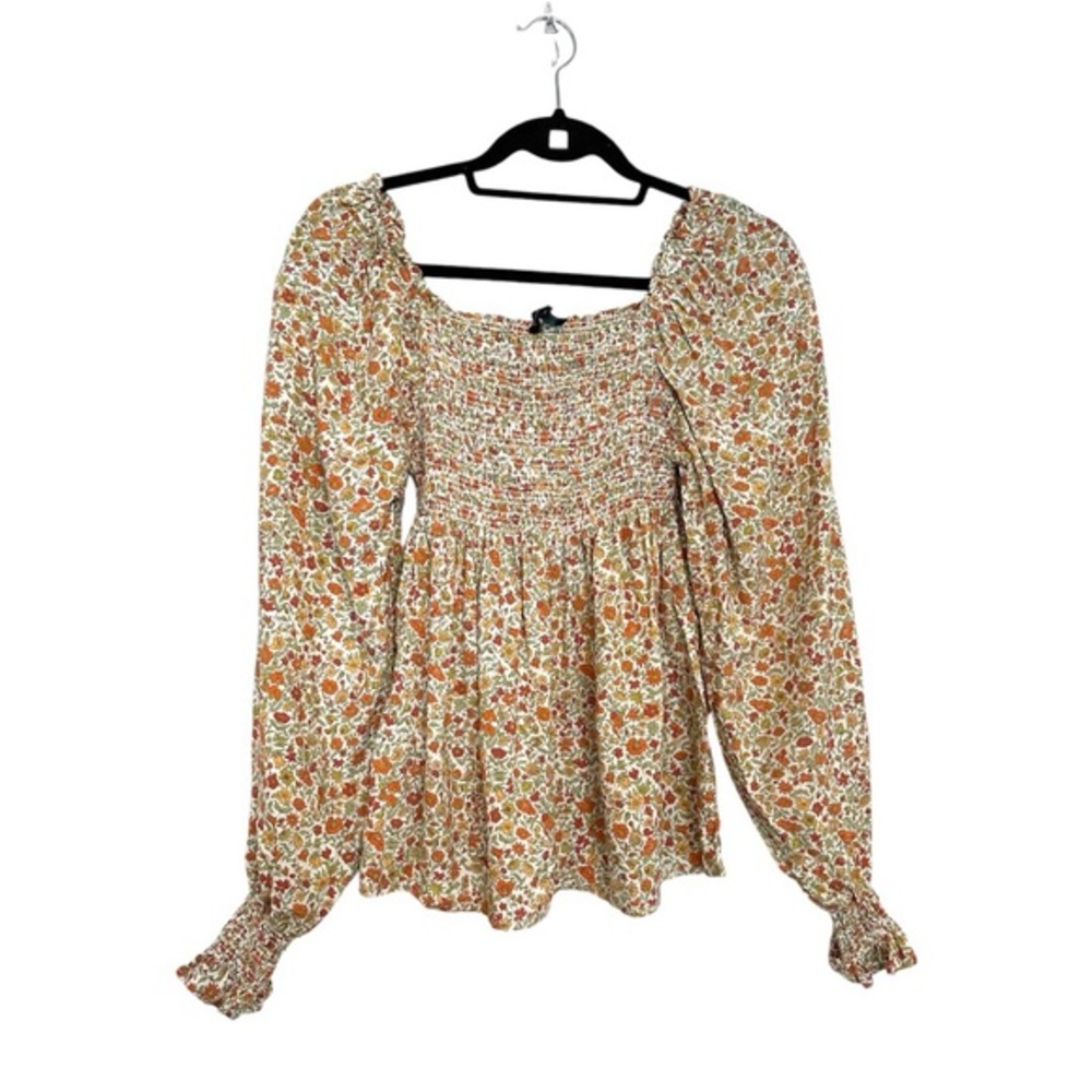 Cynthia Rowley Floral Smocked Blouse Bohemian Peasant Size Small Festival